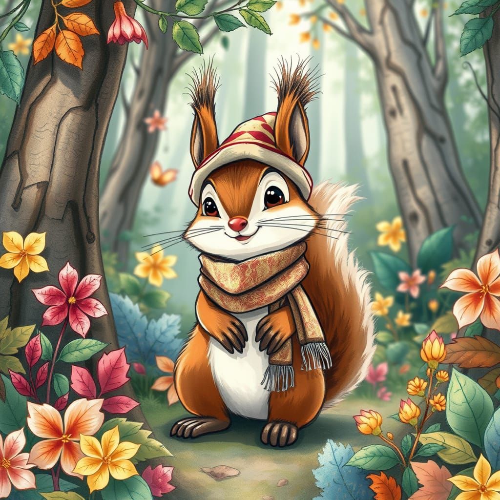 Whimsical Squirrel in Forest: Ghibli-Inspired Illustration