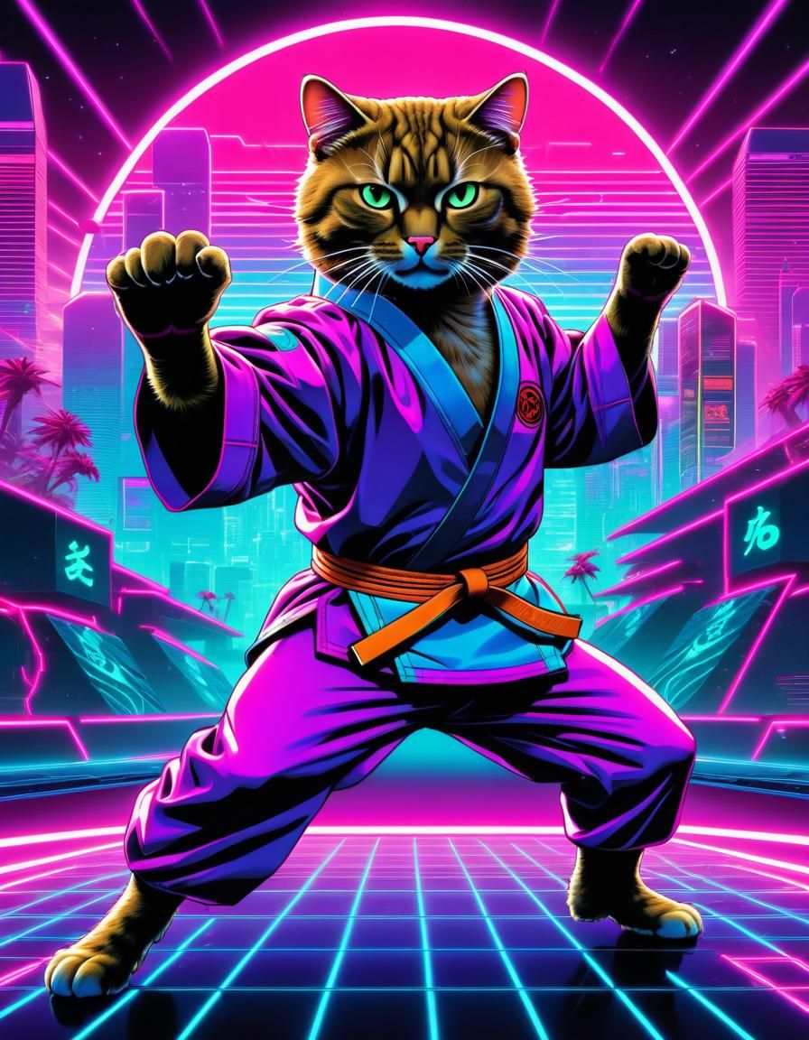 Synthwave Cat Karate Master in 80s Cyberpunk Style