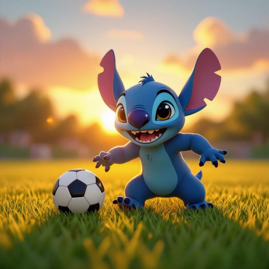 Stitch Plays Soccer in Golden Hour Sunset Animation Style