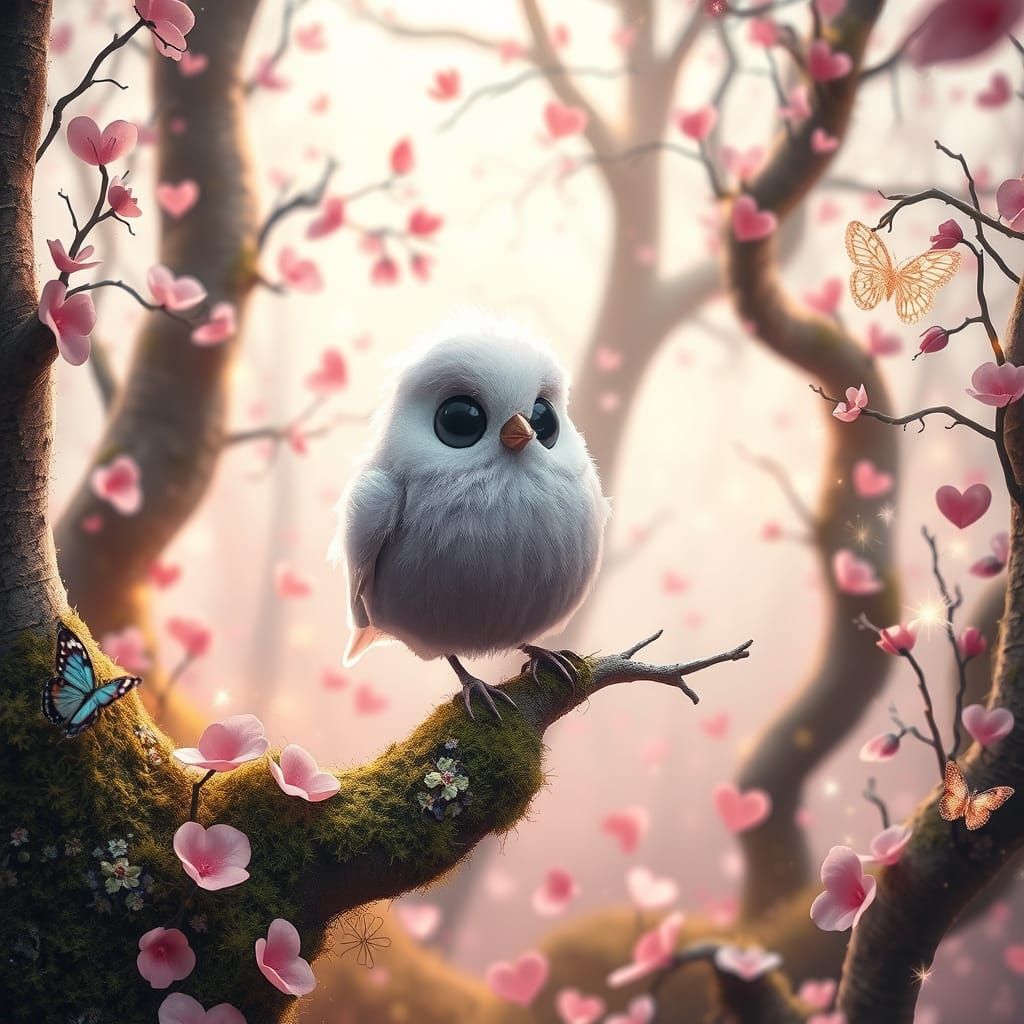 Whimsical Valentine's Forest with Plush Bird in Soft Lavende...