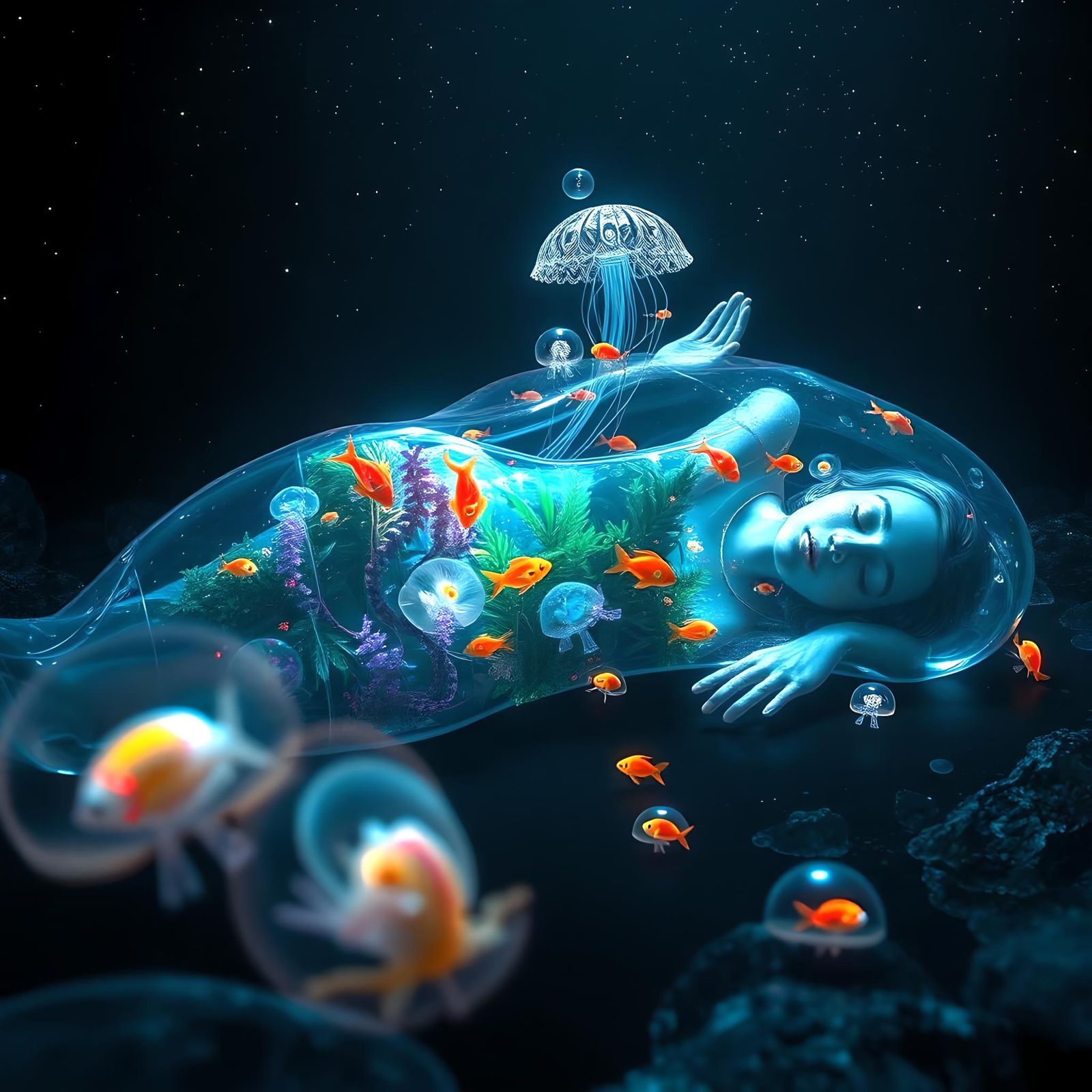Glass Woman Sleeping in Interstellar Underwater Dream