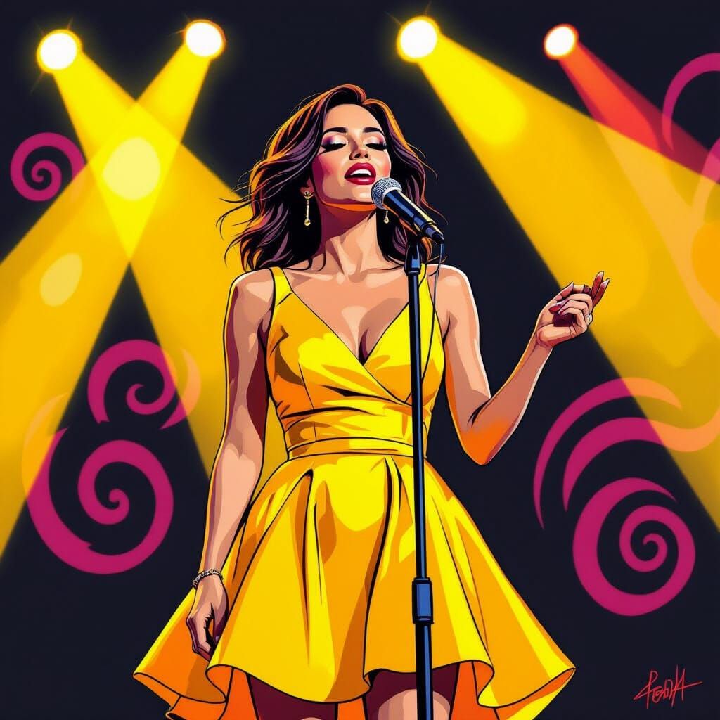 Singer Sandra in Yellow Dress Under Spotlights