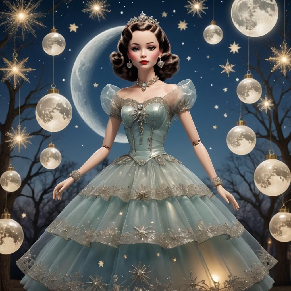 Mechanical Doll in Glass Dress Under Plastic Moon