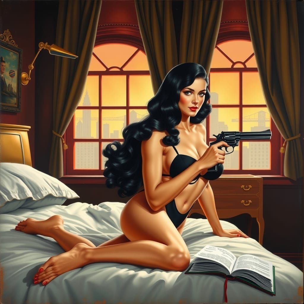 Woman with Revolver, 1940s Style, Oil Painting