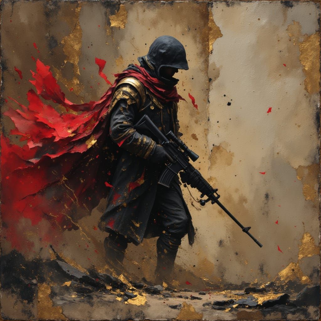 War-Torn Soldier Reflects on Devastation in Watercolor Style