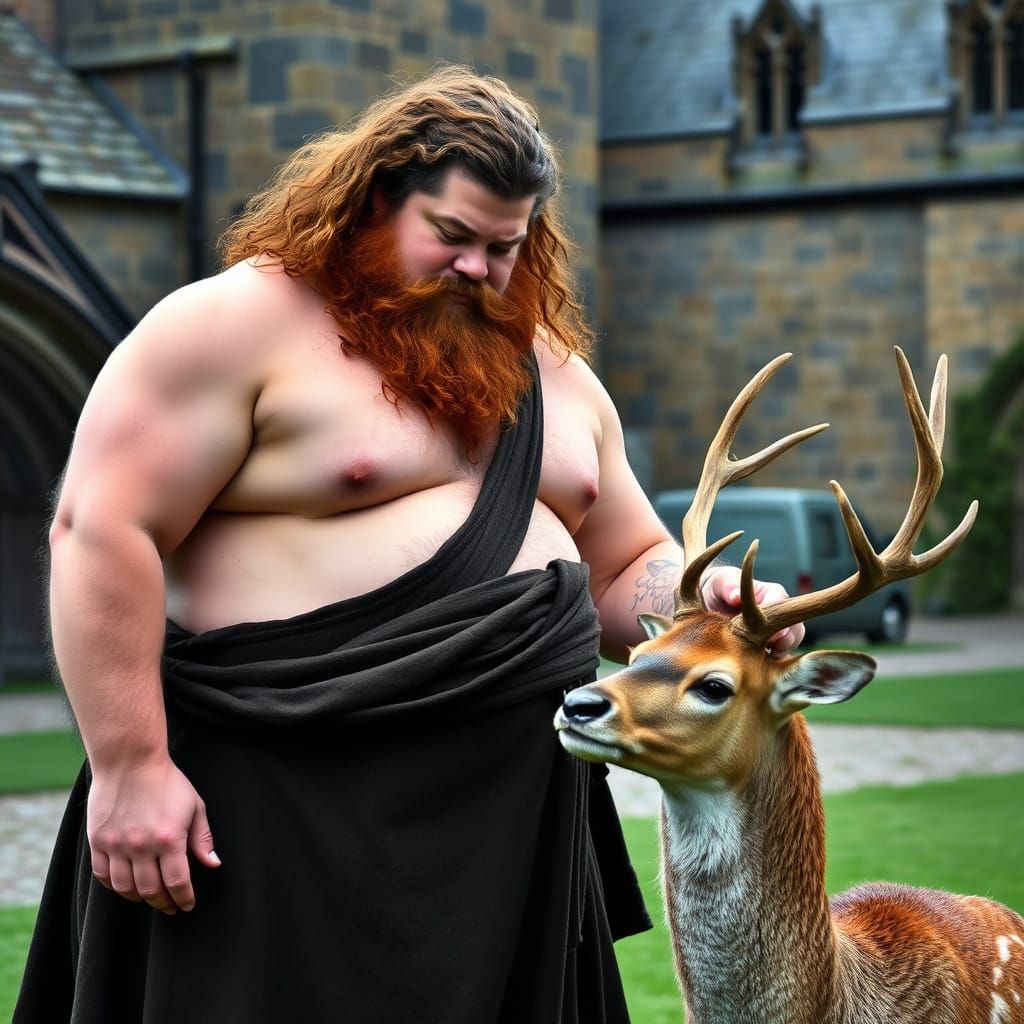Giant Rubeus Hagrid Petting a Deer on Hogwarts Grounds