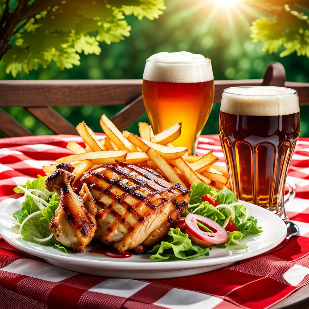 Grilled Chicken and Fries in Watercolor Style