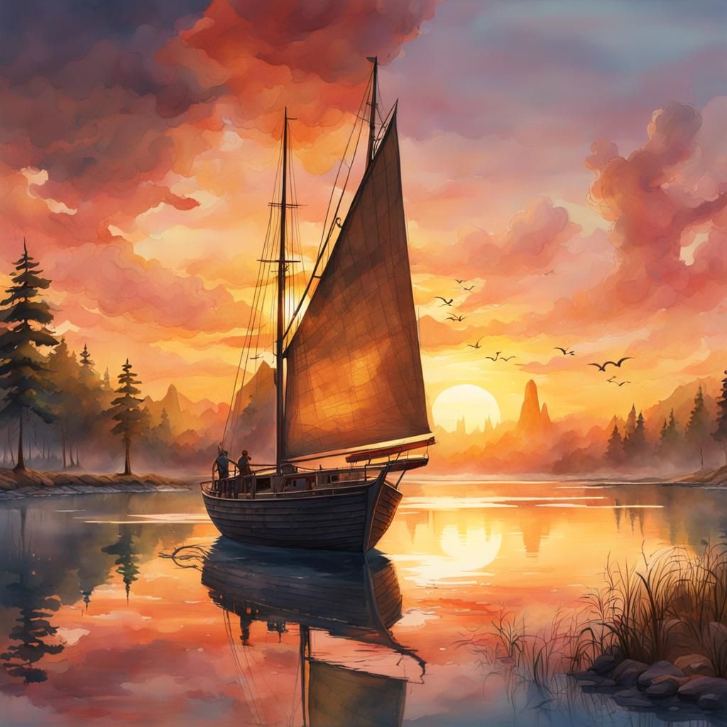 Watercolor Sailboat on Lake at Sunrise