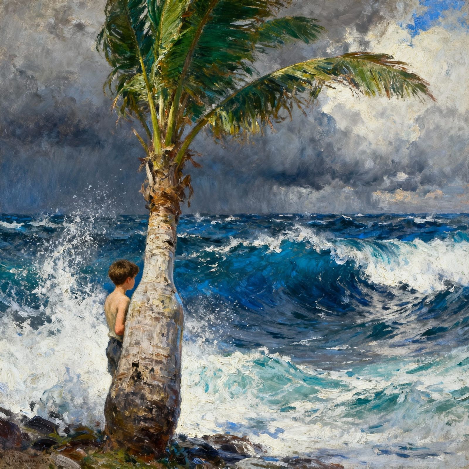 Boy Shelters Behind Palm Tree in Stormy Sea Oil Painting