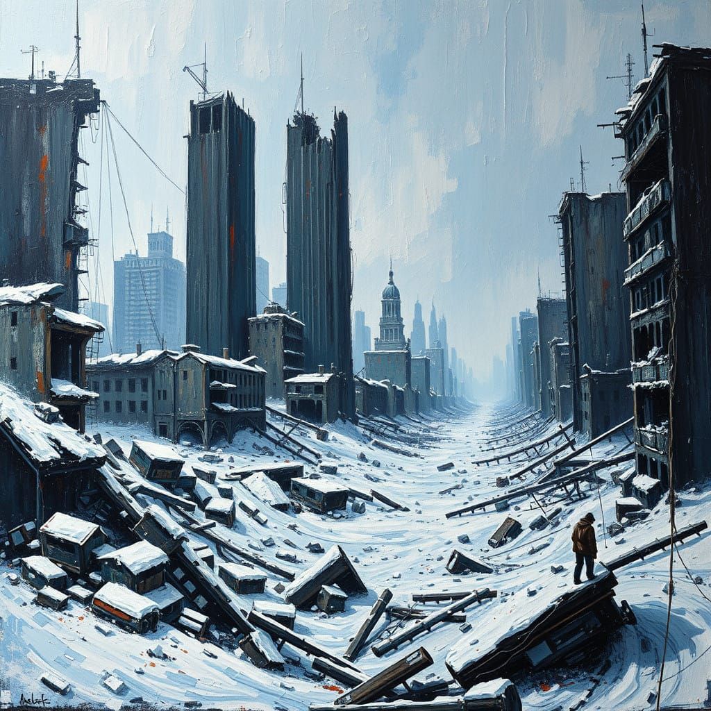 Bleak Winter Metropolis in Icy Blue and Frosty Grey Impasto