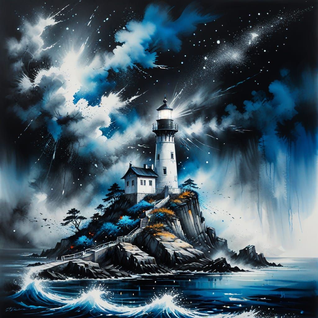 Lighthouse in Storm, Chinese Ink Painting