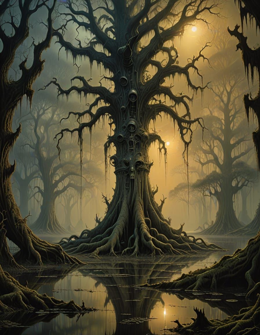 Surrealist Masterpiece: Gnarled Ogeechee Tupelo Tree in Eeri...