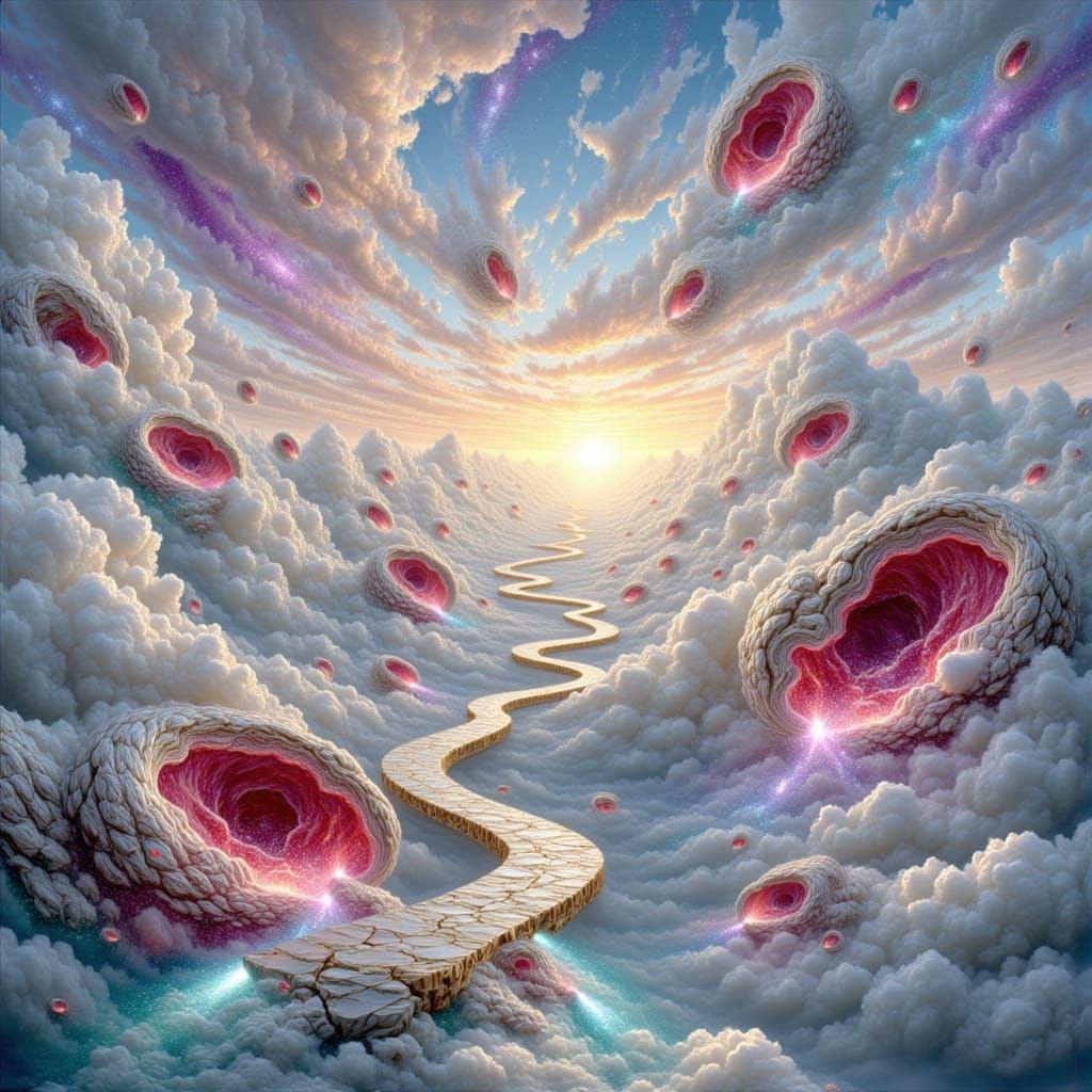 Surreal Sky Realm of Sculpted Clouds and Ruby Geodes