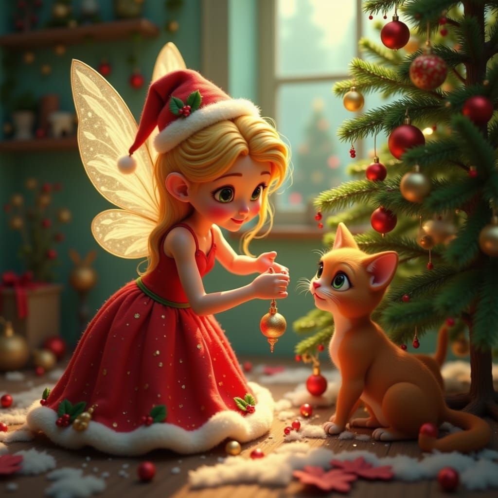 Fairy Decorates Christmas Tree With Cat Companion