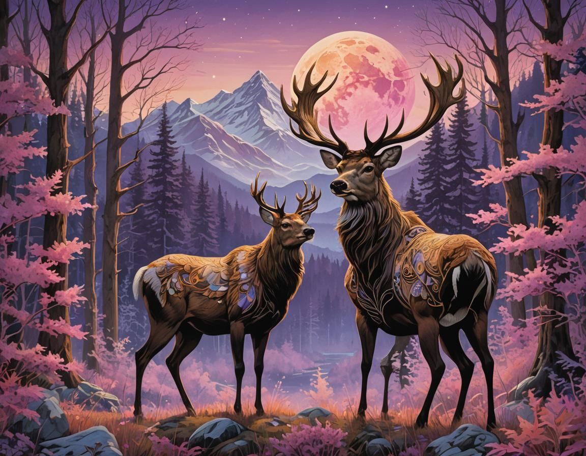 Majestic Stag in Forest with Ornate Moon