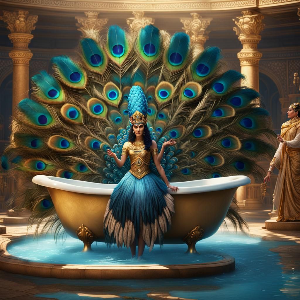 Cleopatra's Opulent Bath with Peacock Fans