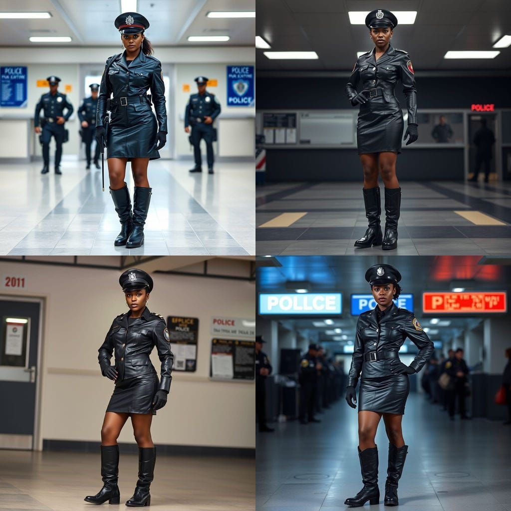 Ebony Female Officer in Black Leather Military Uniform