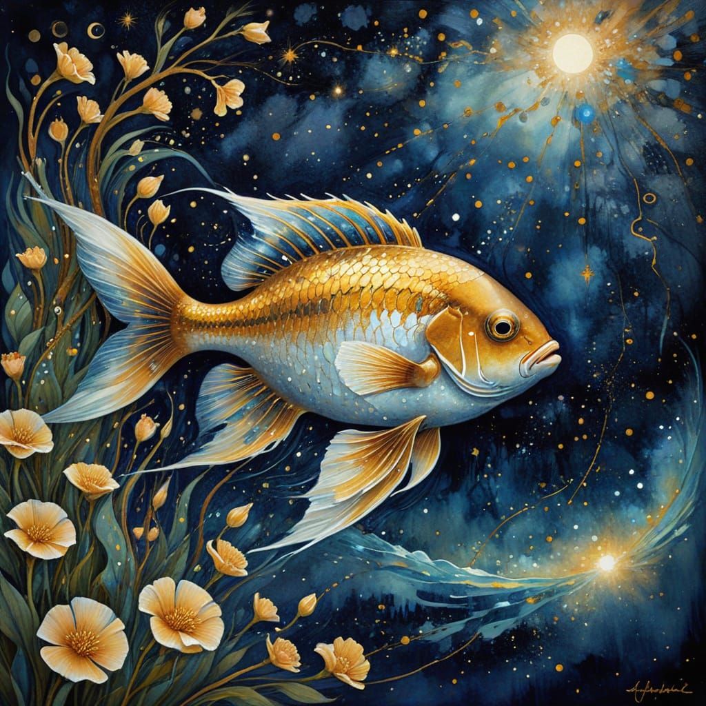 Majestic Pisces Zodiac in Starry Night Sky with Shimmering G...