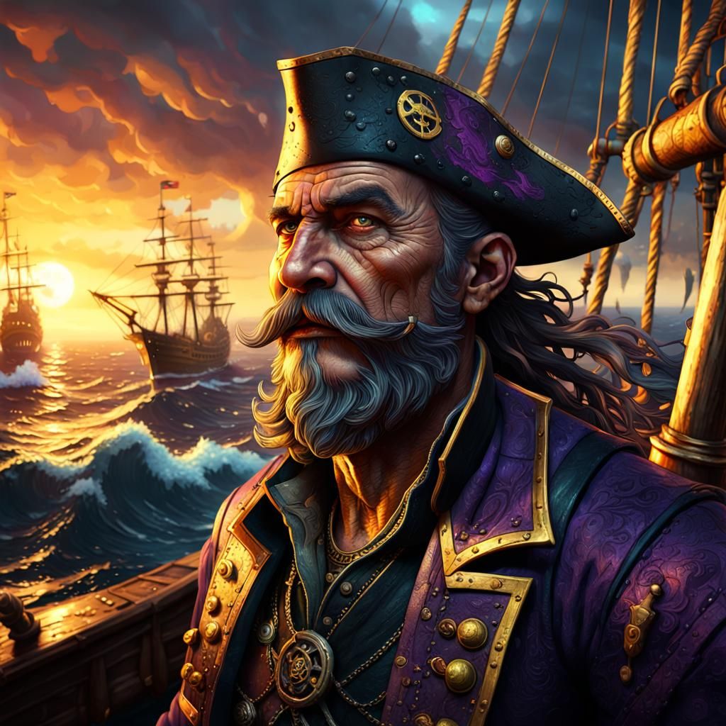 Moustached Pirate on Ship: Dark Fantasy Concept Art