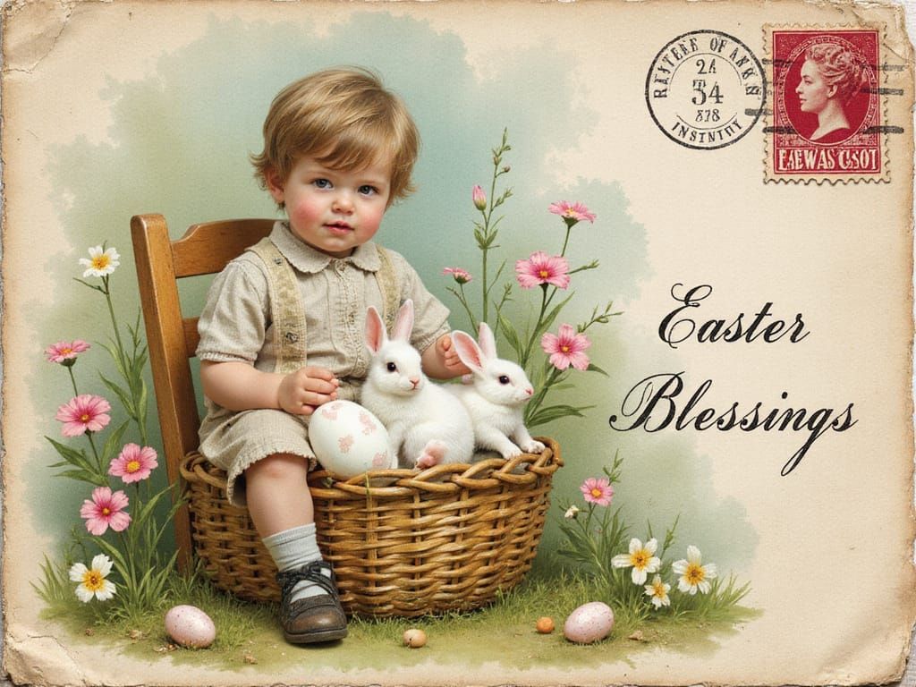 Vintage Easter Wishes with Boy and Bunnies