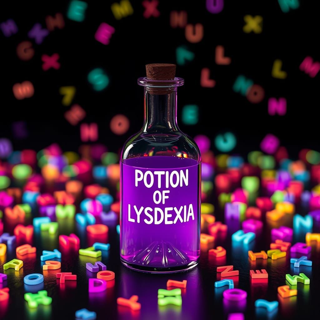 Magical Potion Bottle Surrounded by Glowing Letters in Synth...