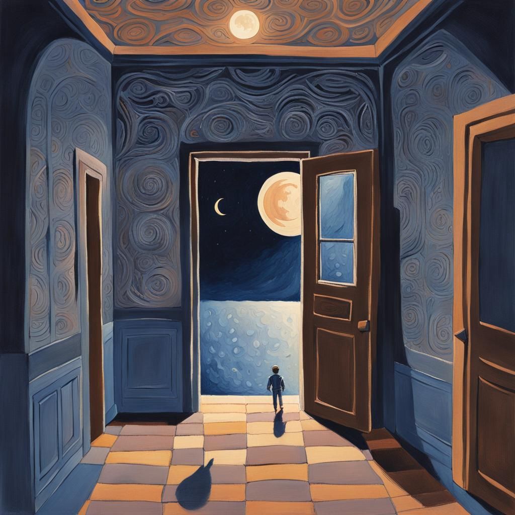 Moody Gouache Painting: Person Enters Dimly Lit Room