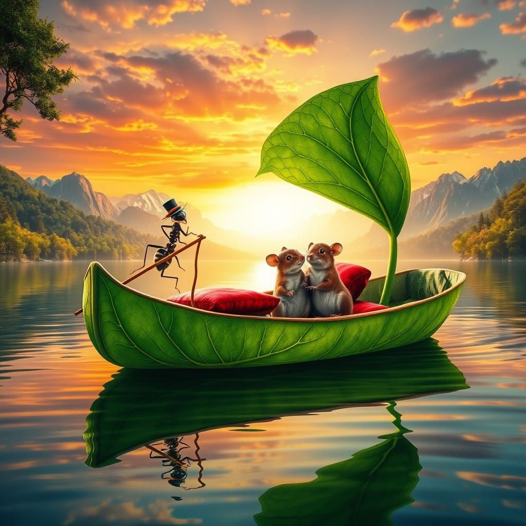 Vibrant Green Leaf Boat with Delicate Ant Gondolier and Love...