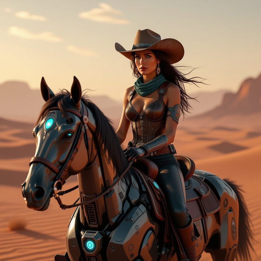 Cowgirl Rides Cybernetic Horse on Martian Desert in Hyperrea...
