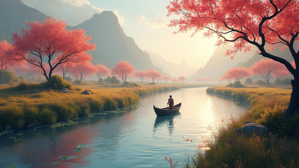 Utopian Valley with Peach Trees in Chinese Watercolor Style