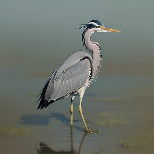 Japanese Watercolor of Grey Heron in Rice Fields