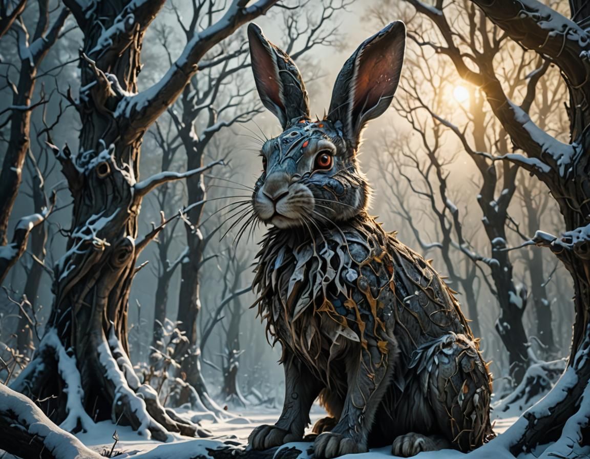 Magical Rabbit Hybrid in Eerie Forest, Fantasy Art