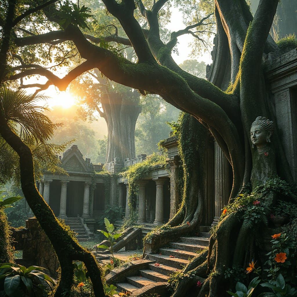 Jungle Overgrown Ancient Marble City Ruins with Sunlight