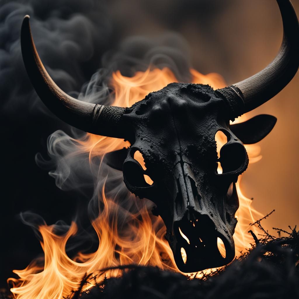 Charred Cattle Skull in Bushfire Close-up