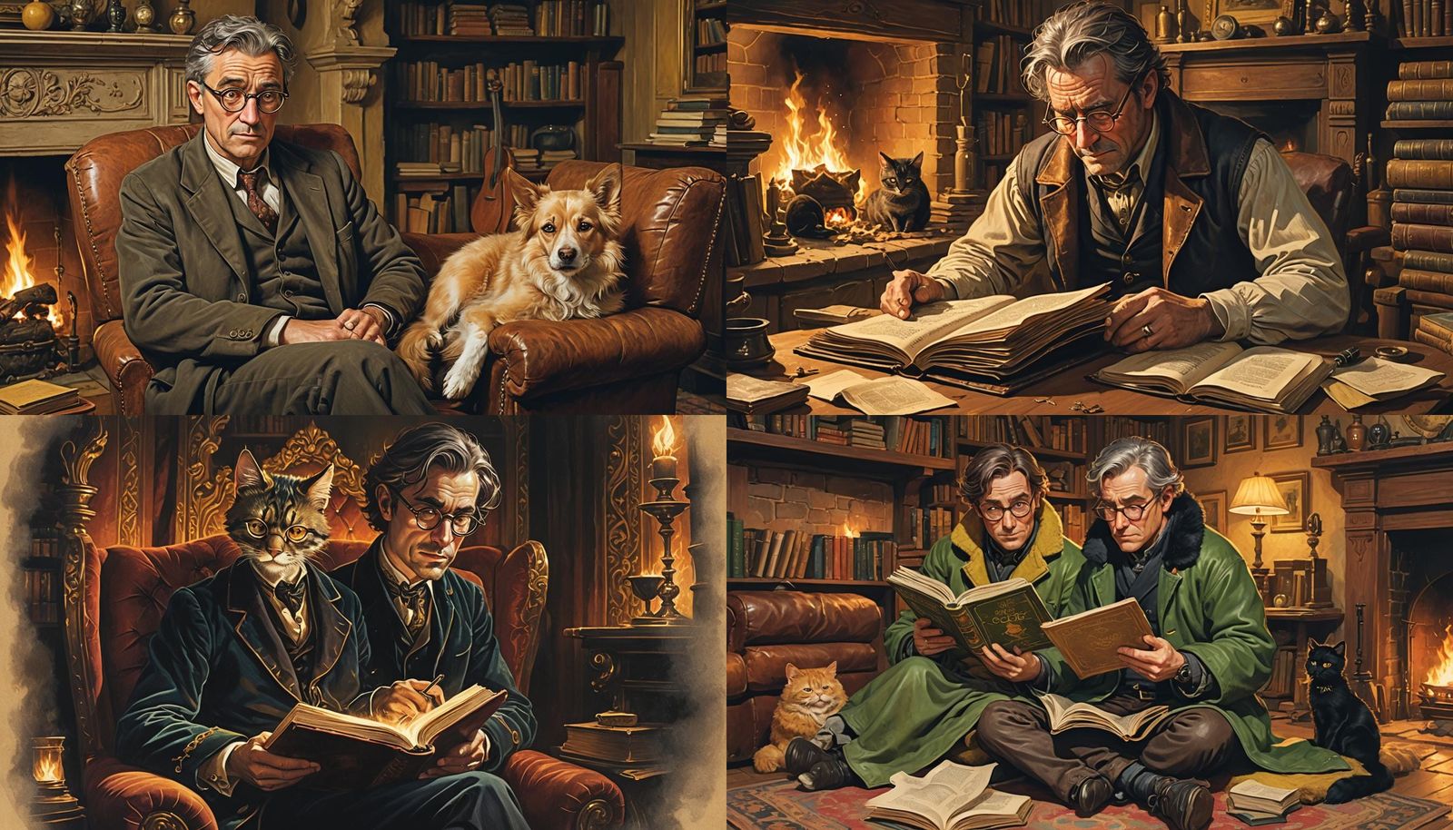 Cozy Fireplace Scene with Reader and Pets
