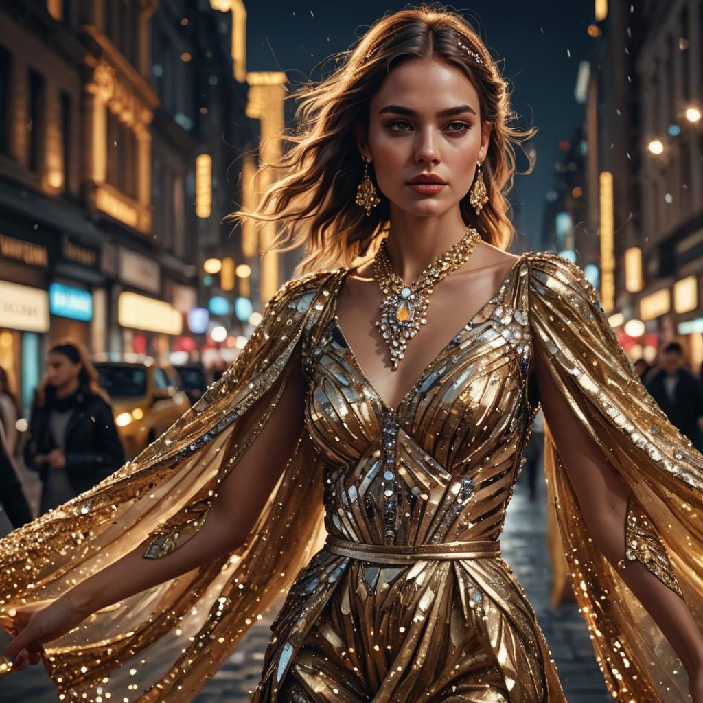 Fashionable Woman on Catwalk in Hyper-Realistic Digital Art