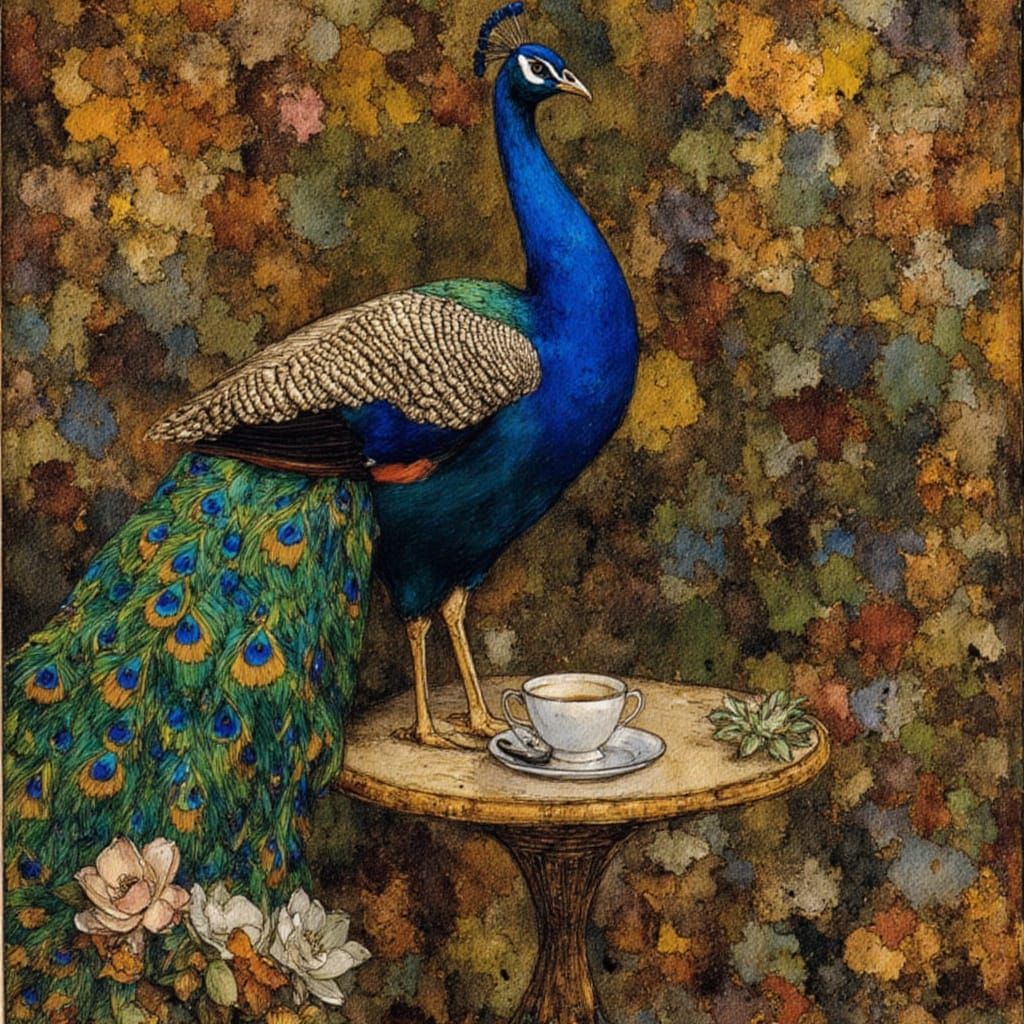 Art Nouveau Peacock in Tea Garden