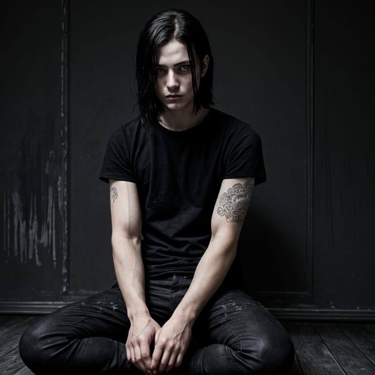 Sad Goth Man in Dark Room: Oil Painting