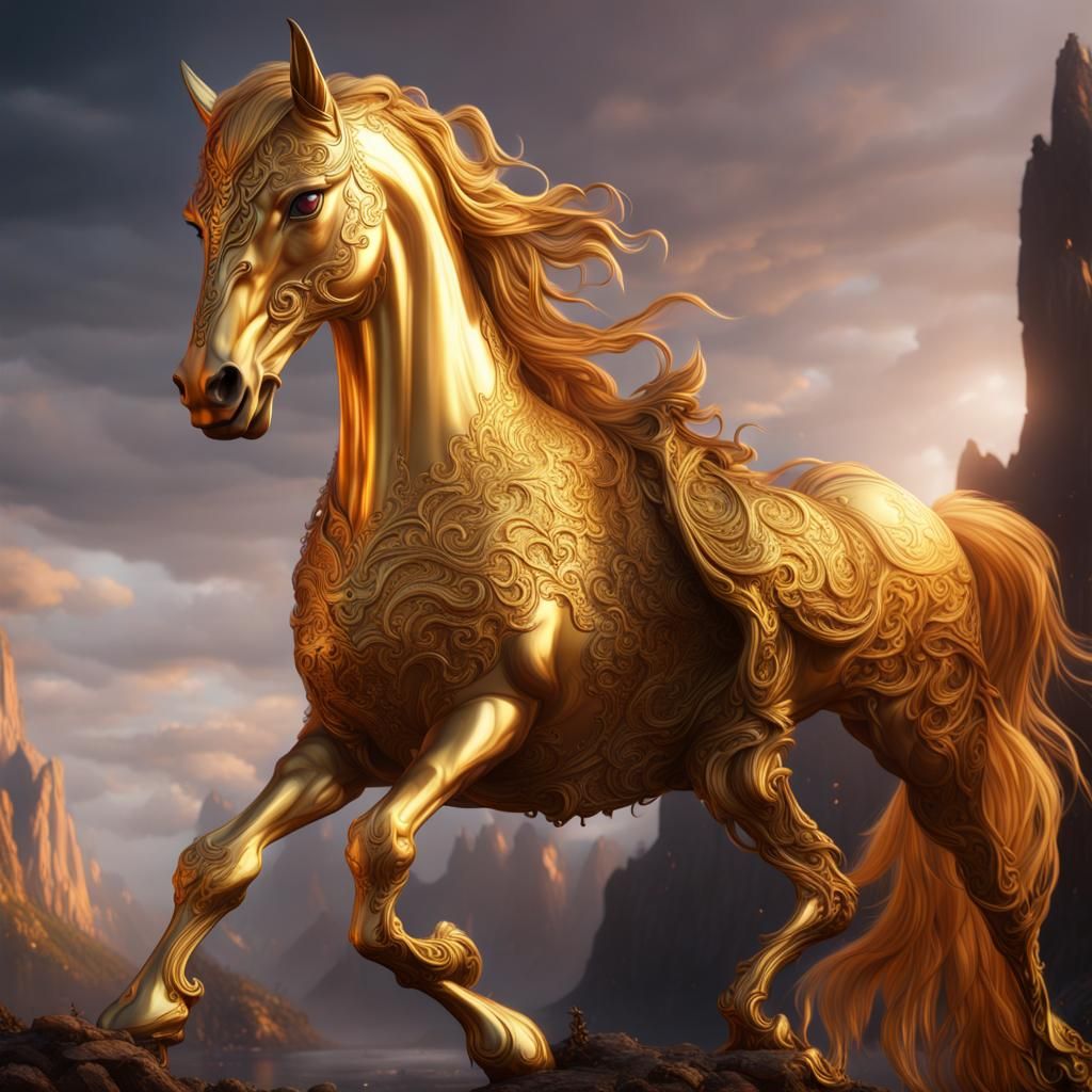 Golden Horse in Detailed Matte Painting Style