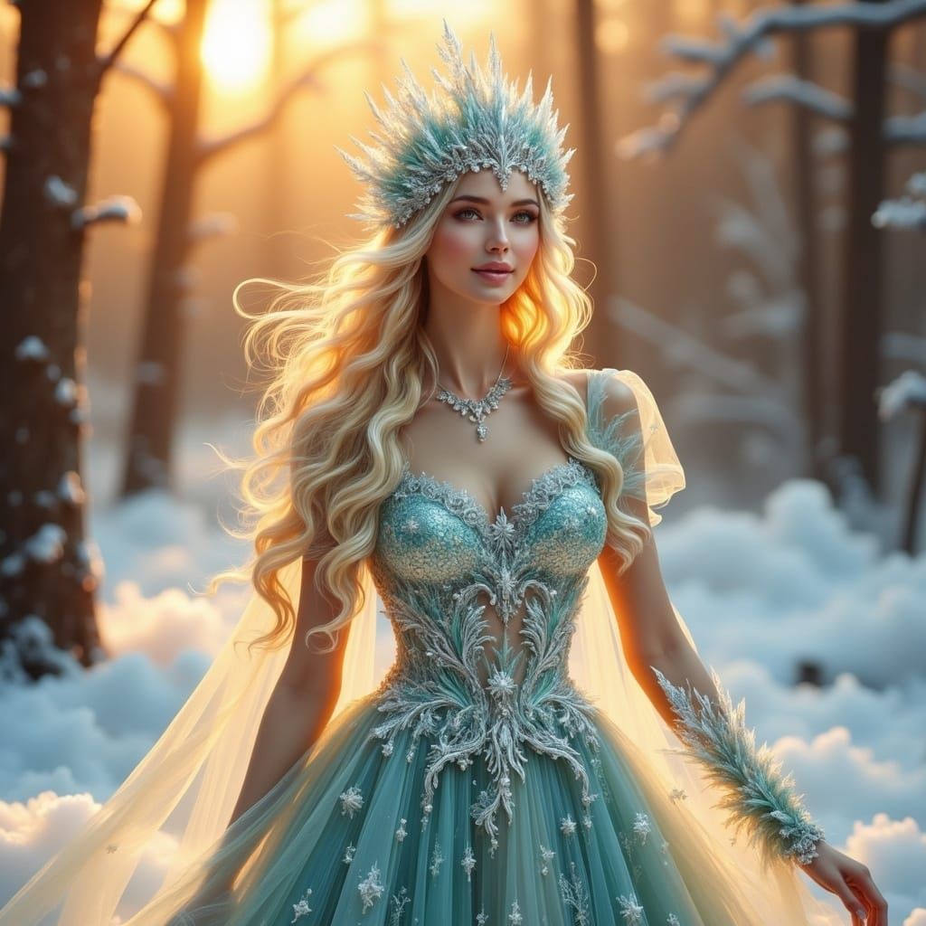 Ethereal Winter Goddess in Russian Landscape with Iridescent...
