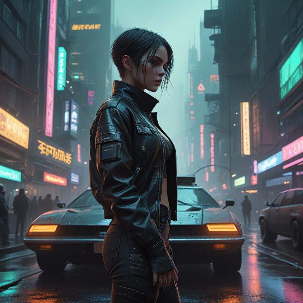 Cyberpunk Enigma Zephyra Whispers Secrets in Rain-Swept Metr...