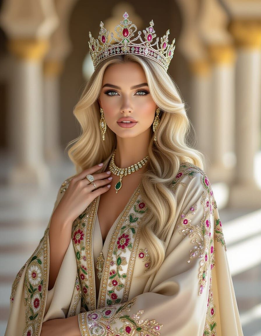 Regal Blonde Woman in Luxurious Abaya with Crown