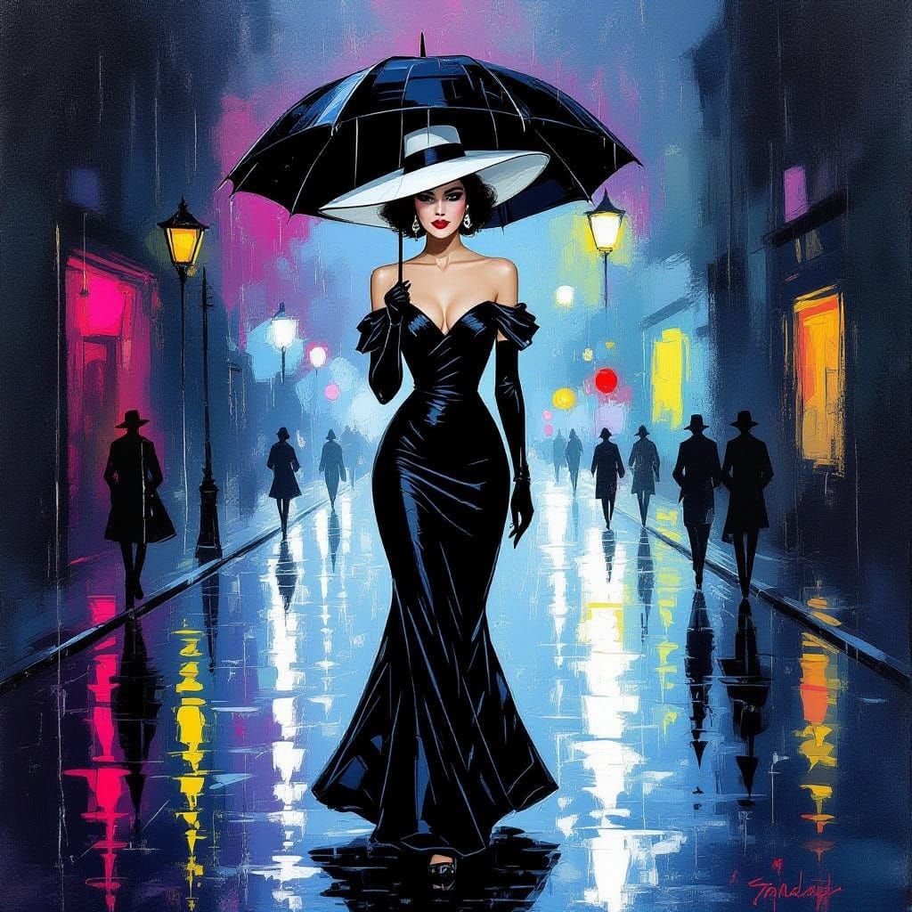Femme Fatale in 1930s Op Art Style with Neon Umbrella