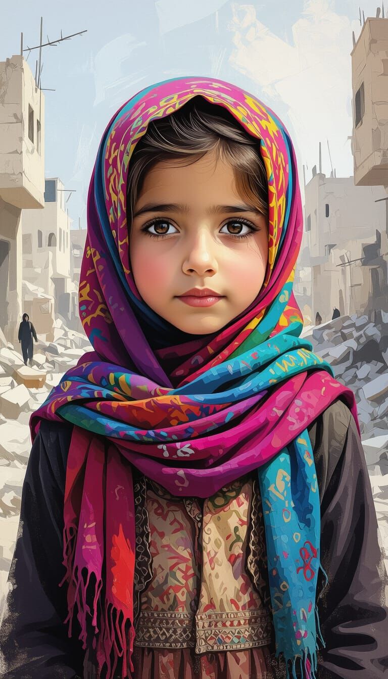 Palestinian Girl Portrait in War-Torn Cityscape