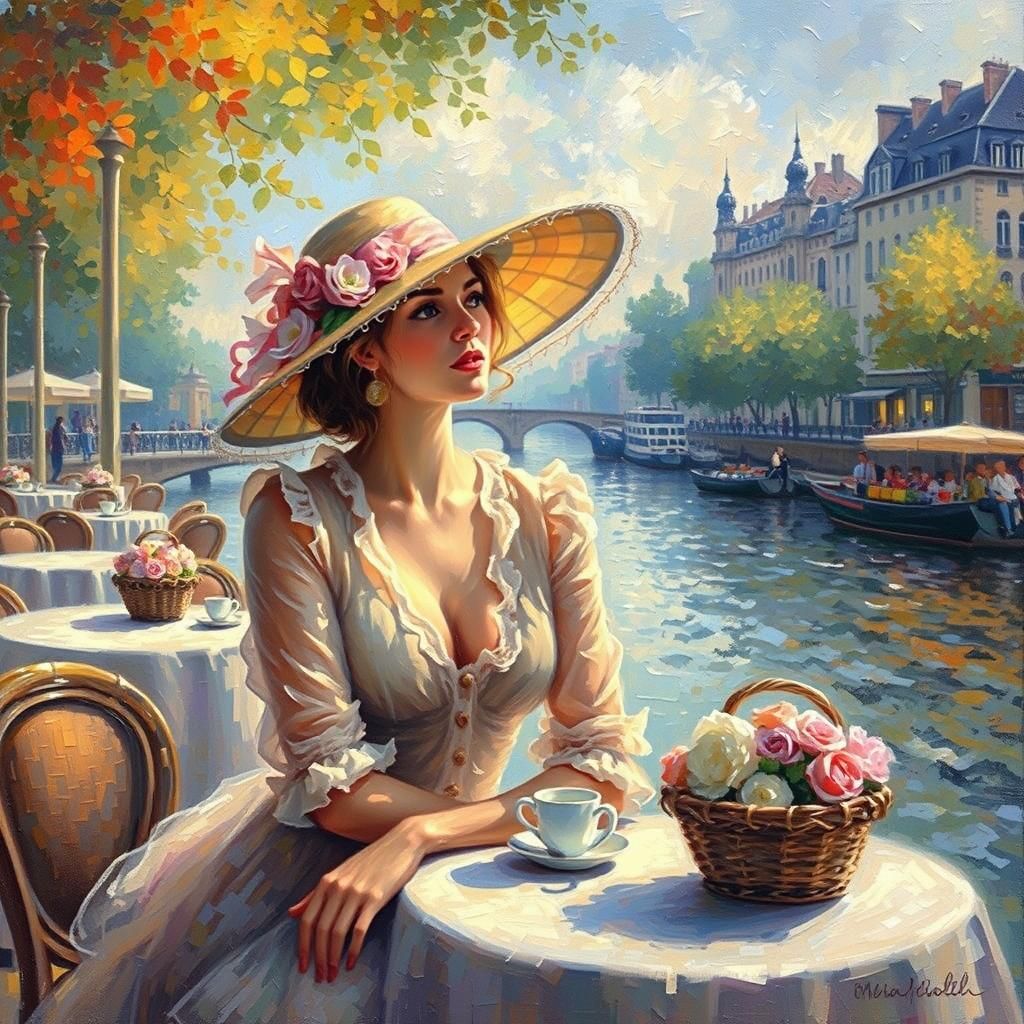 Impressionist painting, stunning woman, sitting on the terrace of a cafe overlooking the river, in the style of Claude M...