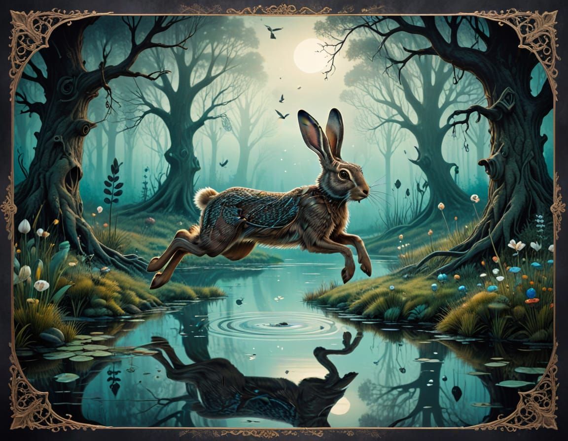Whimsical Hare Leaping in Dreamlike Forest