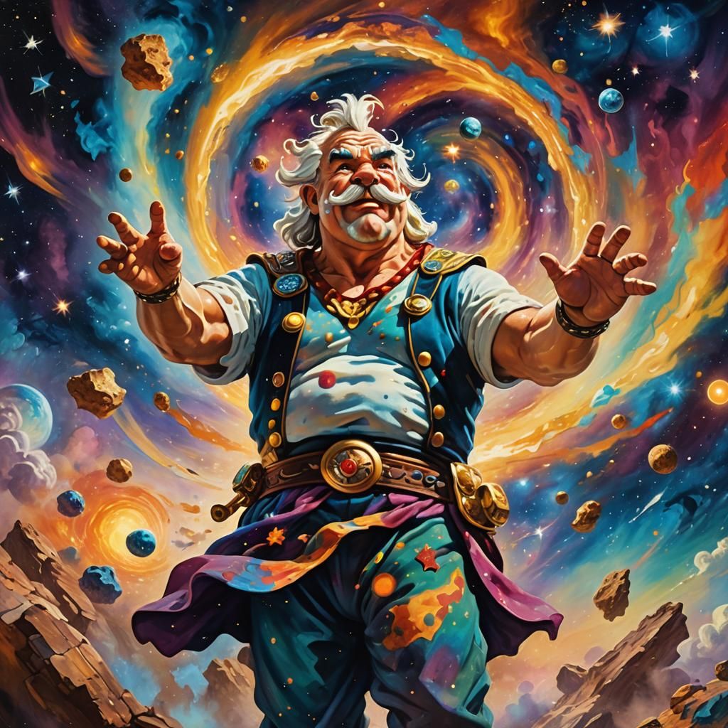 Obelix in Space: A Surrealist Oil Painting