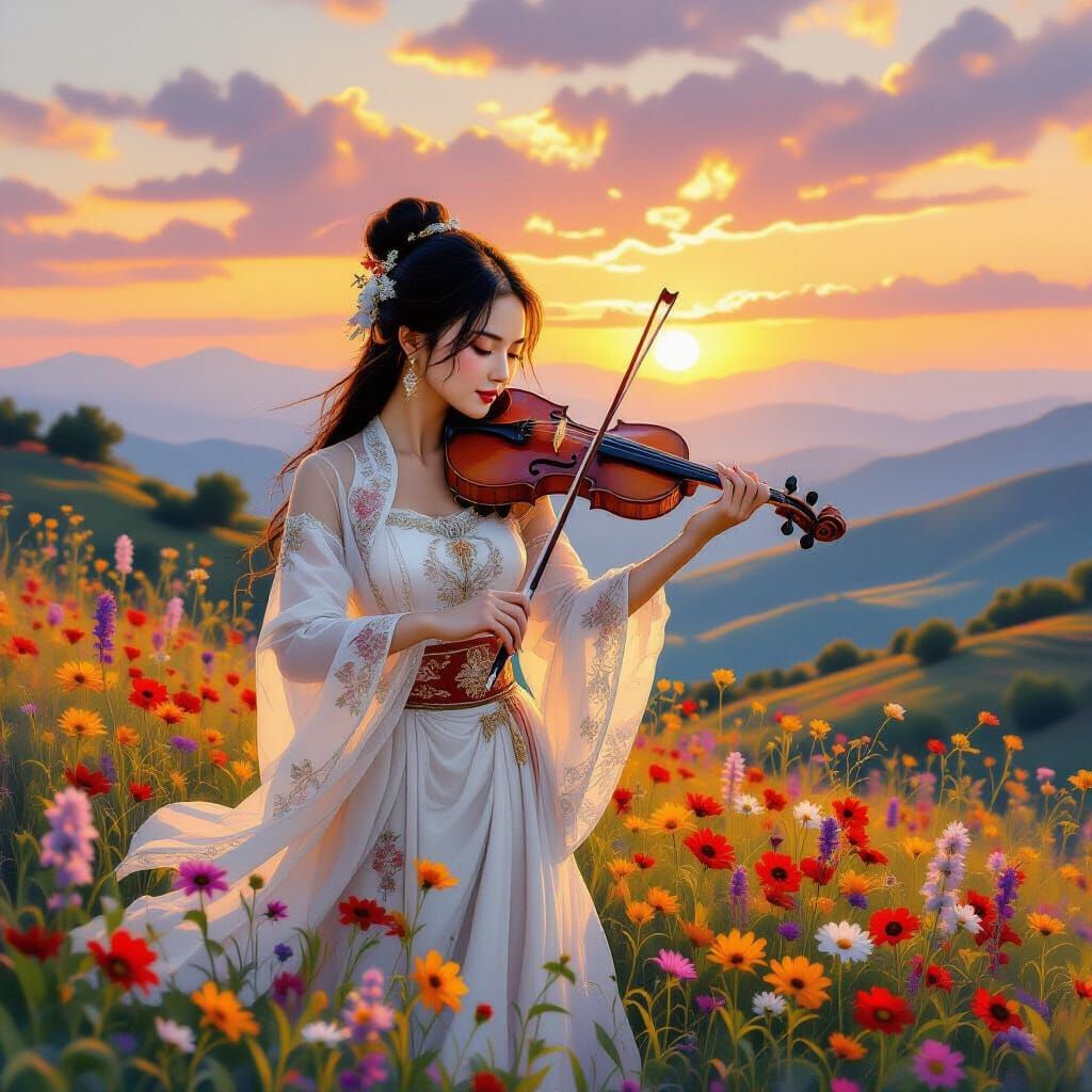 Vietnamese Lady Plays Violin Amidst Wildflowers at Sunrise