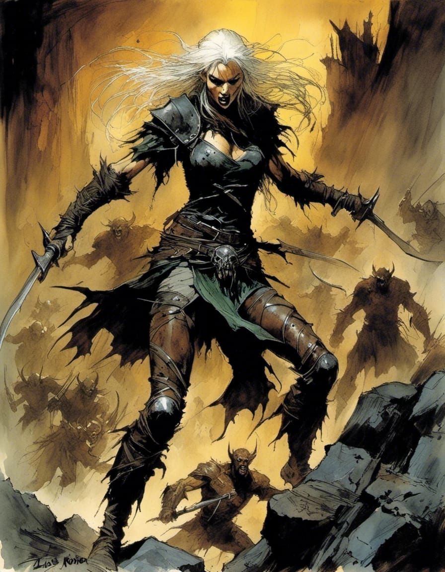 Elven Warrior Beset by Dark Horde in Dark Fantasy Style