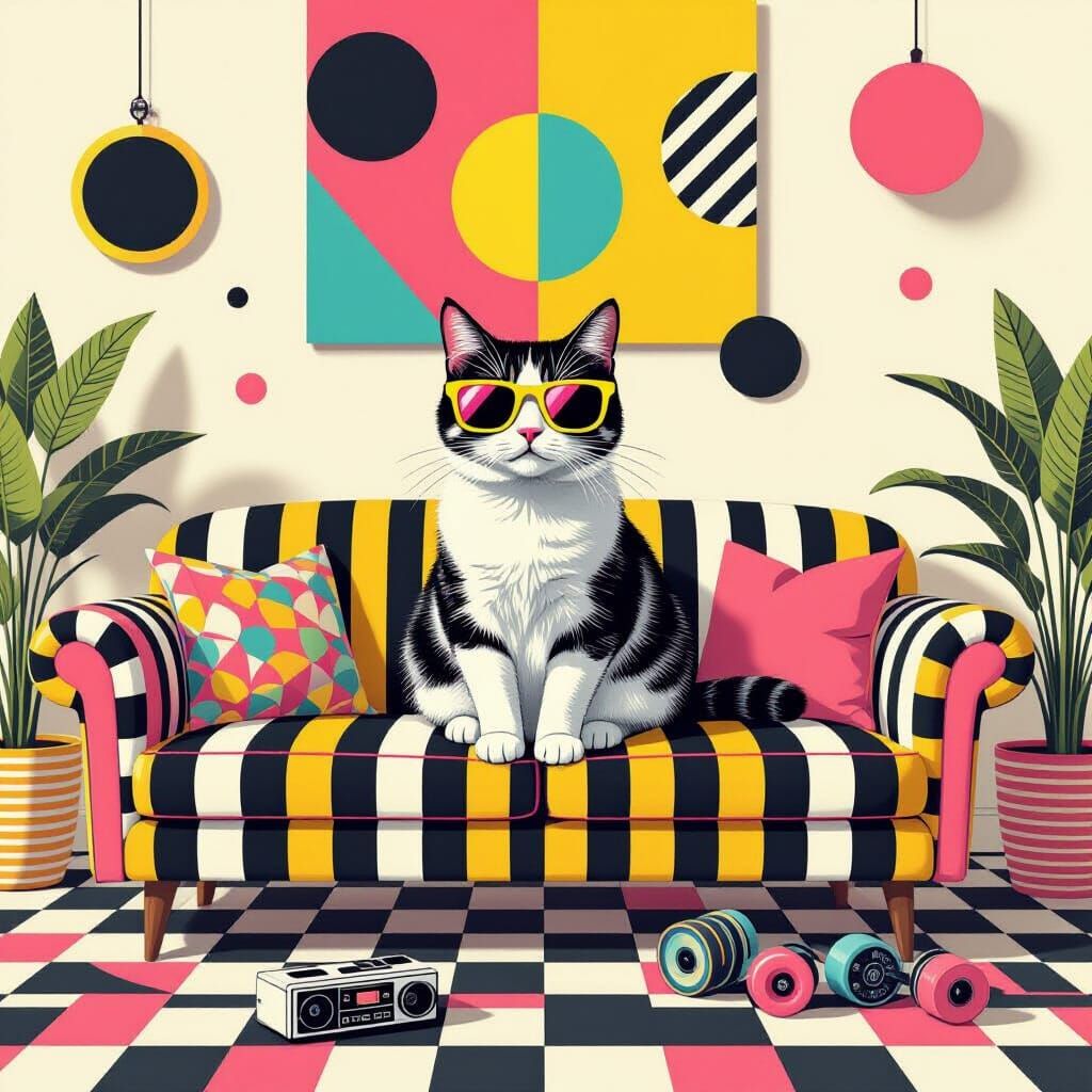 80's Cat on Memphis Sofa in Matte Painting Style