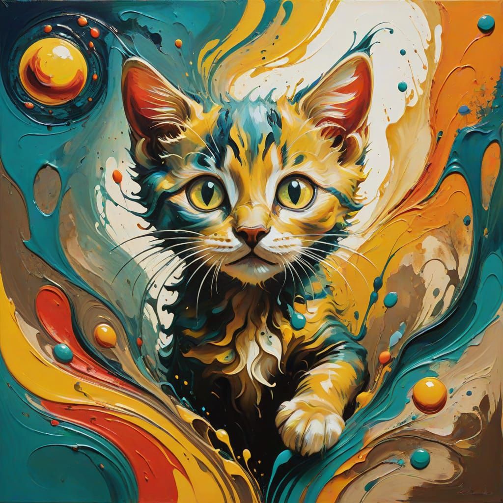 Abstract Surrealism Oil Painting of a Muddy Kitten